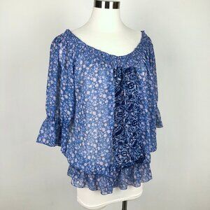Free People Embroidered Micro Floral Sheer Peasant Top Blouse Size Small Boho